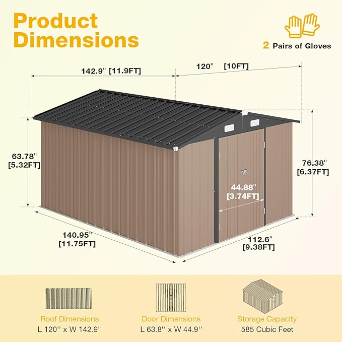 10x12 FT Outdoor Storage Shed Heavy-Duty Galvanized Steel Metal Garden Shed