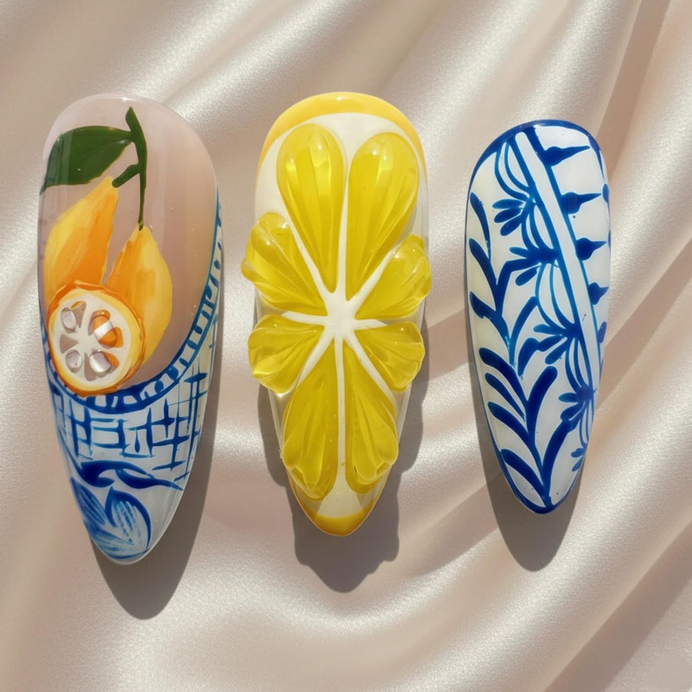 Handcrafted Press On Nails Italian Vacation Style Lemon & Blue Ceramic Pa...