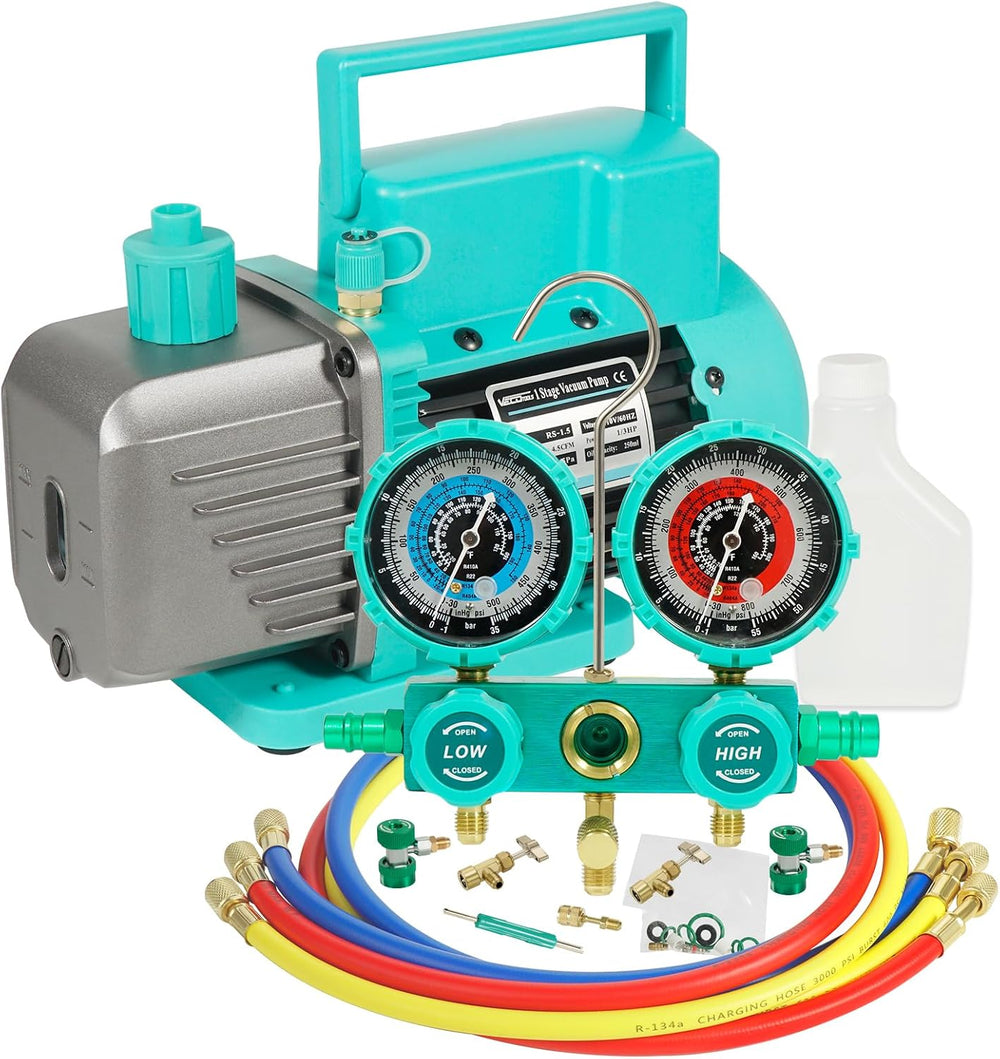 4.5CFM 1/3HP Vacuum Pump and 3-Way Aluminum AC Manifold Gauge Set for R134A R...