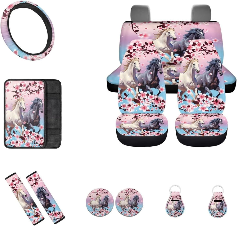 12 Pcs Pink Cherry Blossom Horse Car Seat Covers Full Set,Car Protectors,Univ...