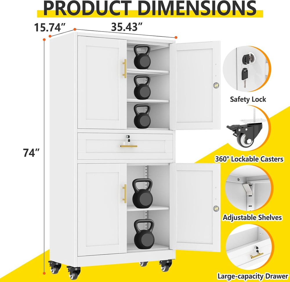 74" White Lockable Rolling Metal Garage Storage Cabinet