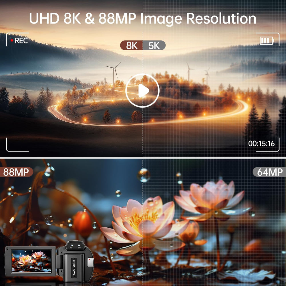 FlyFrost 8K Video Camera 88MP UHD WiFi Vlogging Cameras for YouTube 18X Digit...
