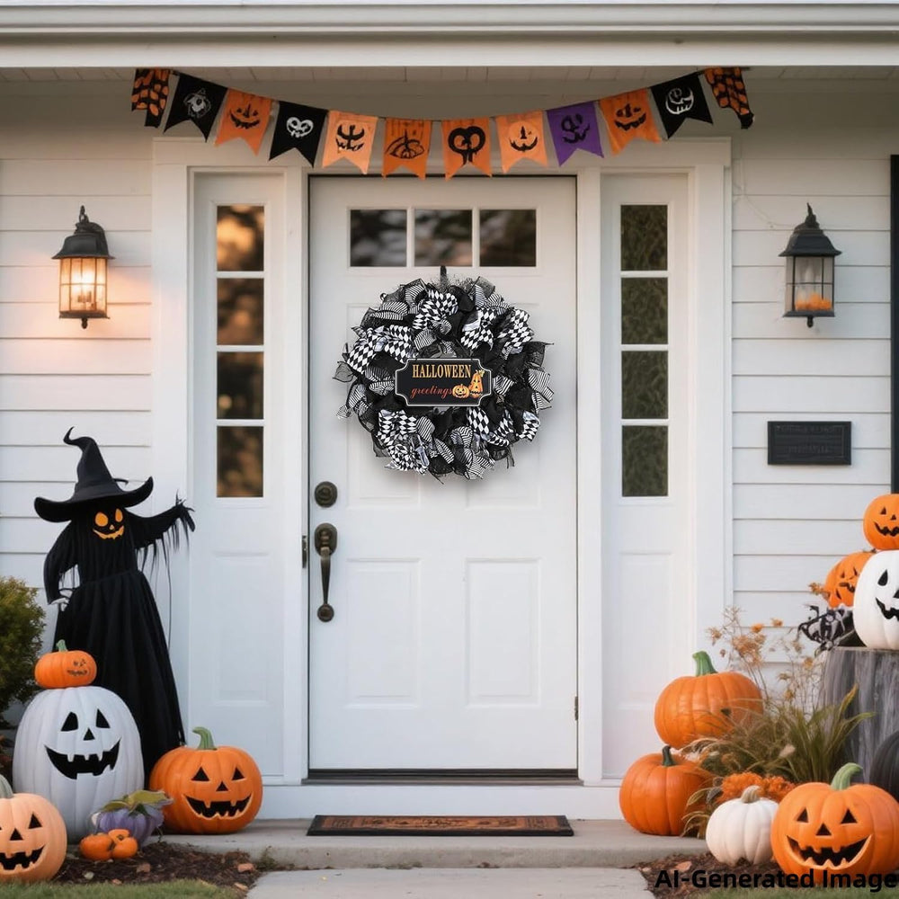 Halloween Wreath, 26 Inch, Black & White Checkered Bow