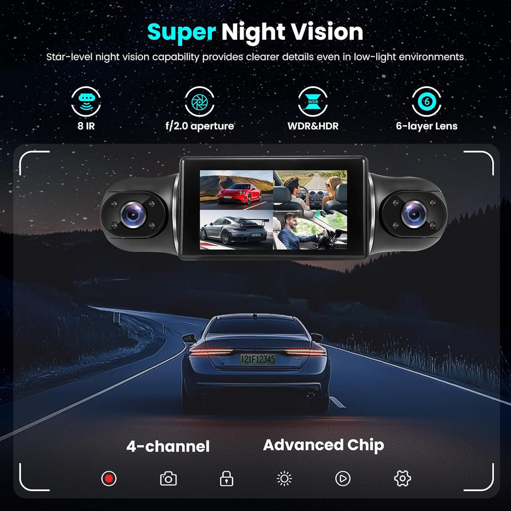 4 Channel Dash Cam 360° View Front Rear Inside & Left Right,Dash Camera F...
