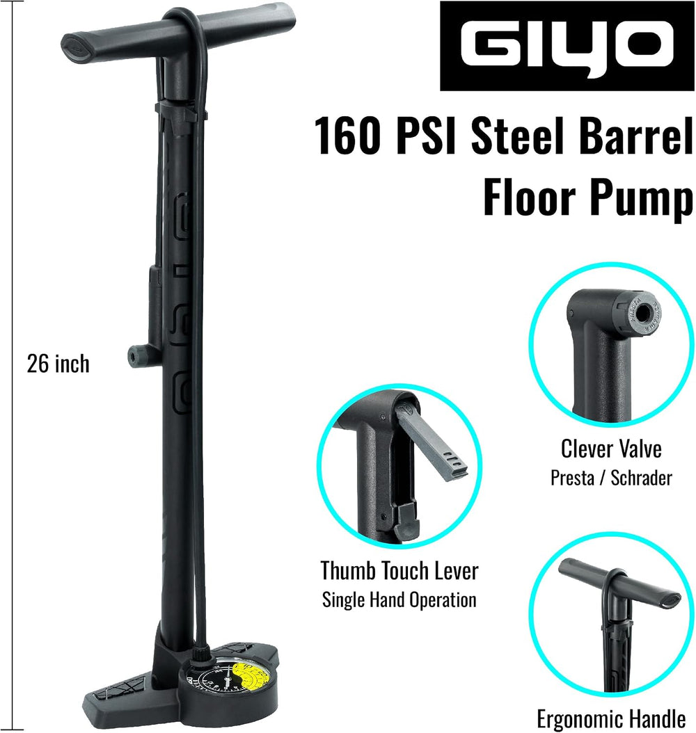 GIYO Bike Floor Pump - 3" Dual Scale Gauge - Road & MTB | One Handed...