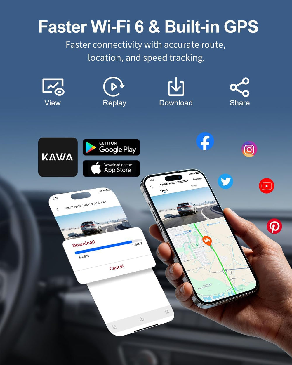 KAWA 4K+1080P Dual Dash Cam, Stealth Display, Voice Control, Wi-Fi 6 & GPS