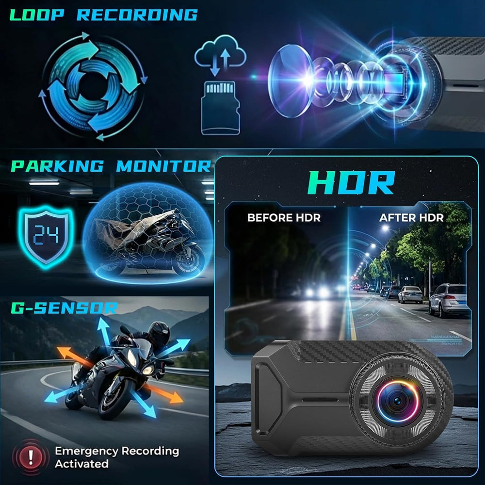 NHOPEEW Motorcycle Dash Cam 1080P/2K HD WiFi Mini Screenless Motorbike Drivin...