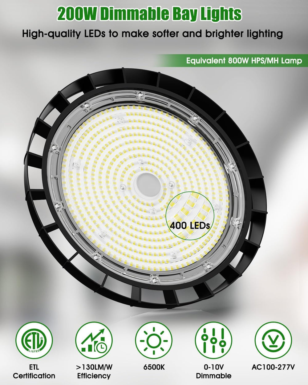 High Bay LED Shop Lights, 200W/150W/100W Adjustable 130LM/W Super Bright 0-10...