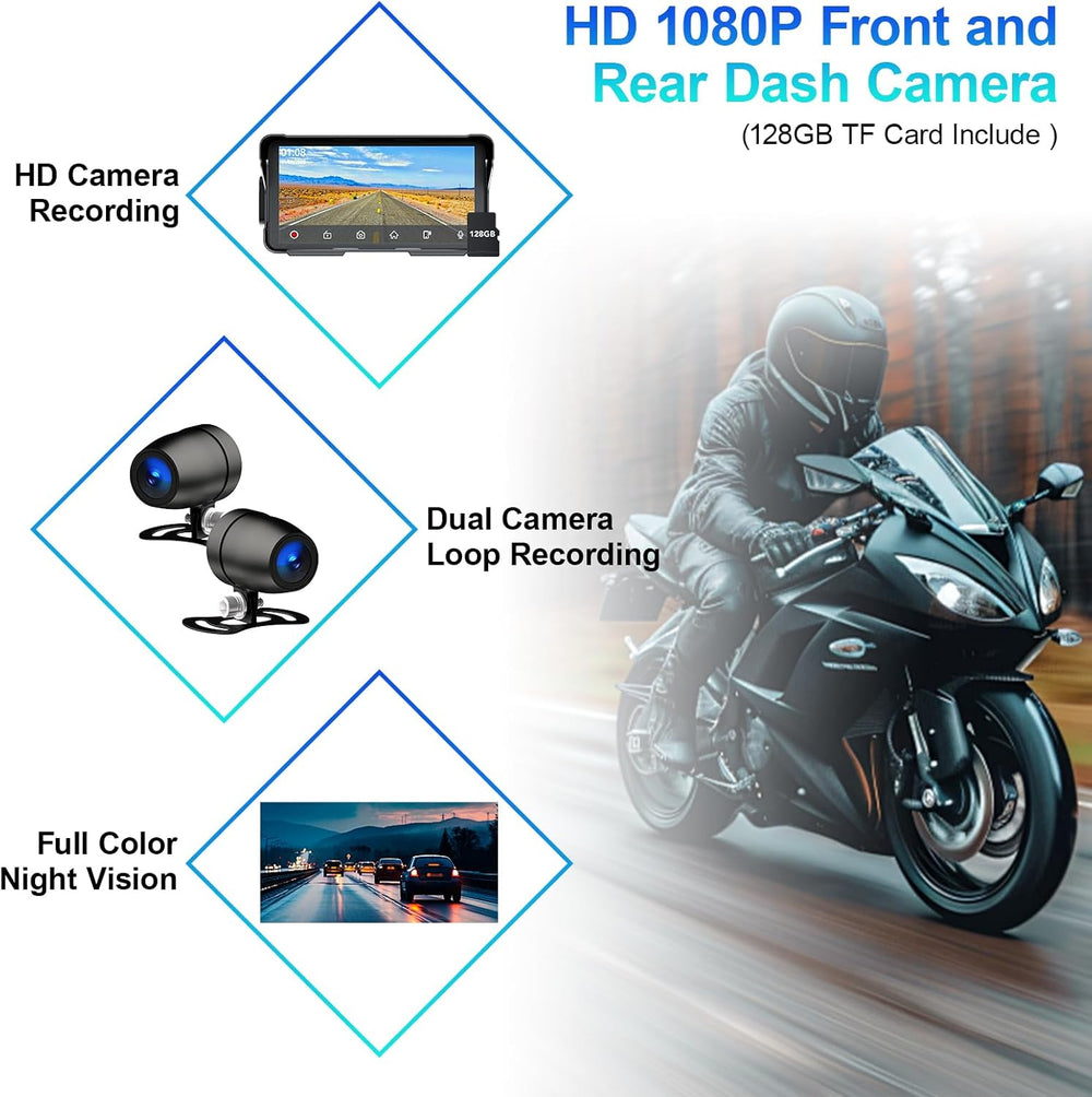 Motorcycle Carplay (Includes 128G SD Card) with Dual Cameras, TPMS, 5.5"...