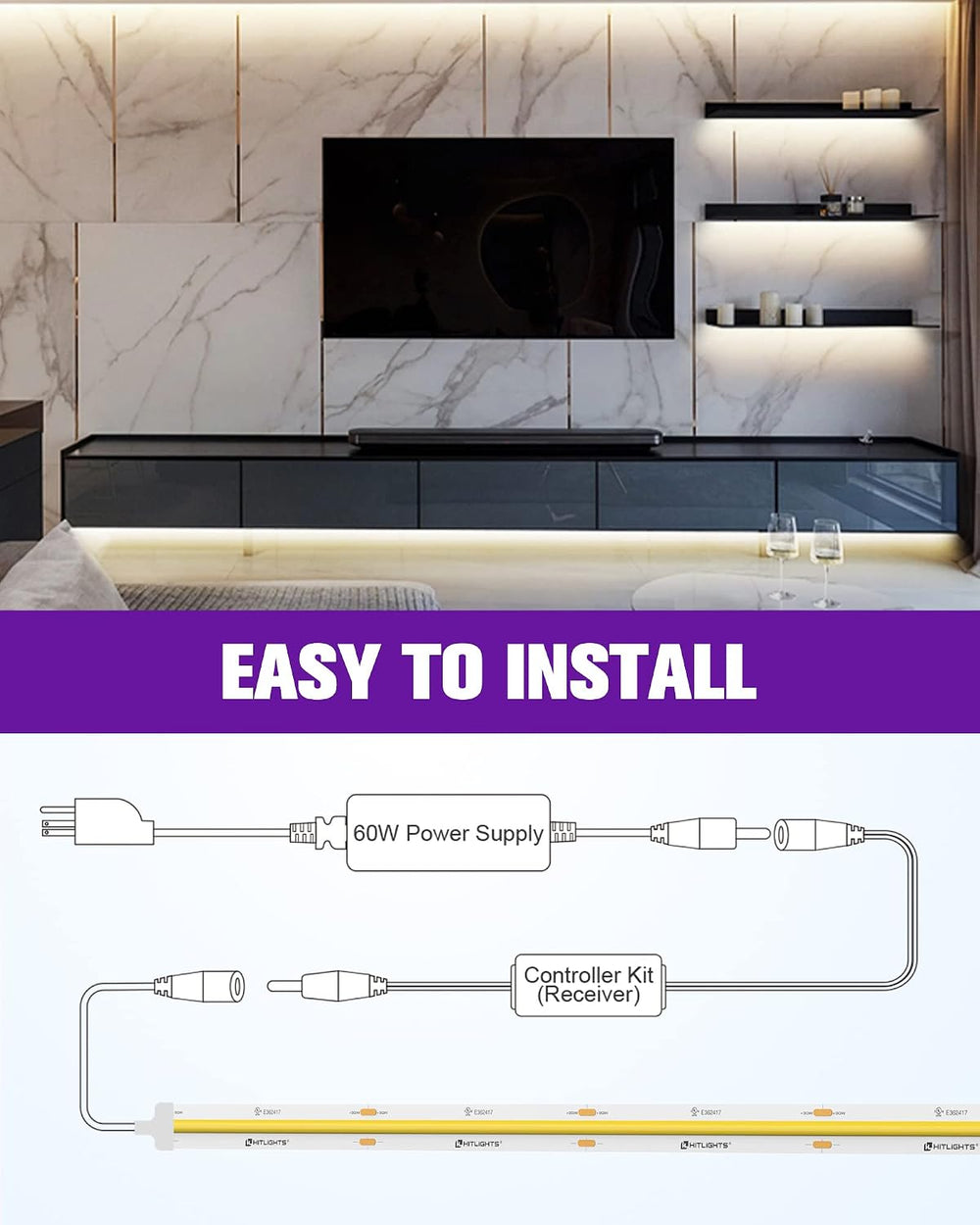 HitLights COB LED Strip Lights Kit White 4000K with Remote, 16.4ft 24V Tape