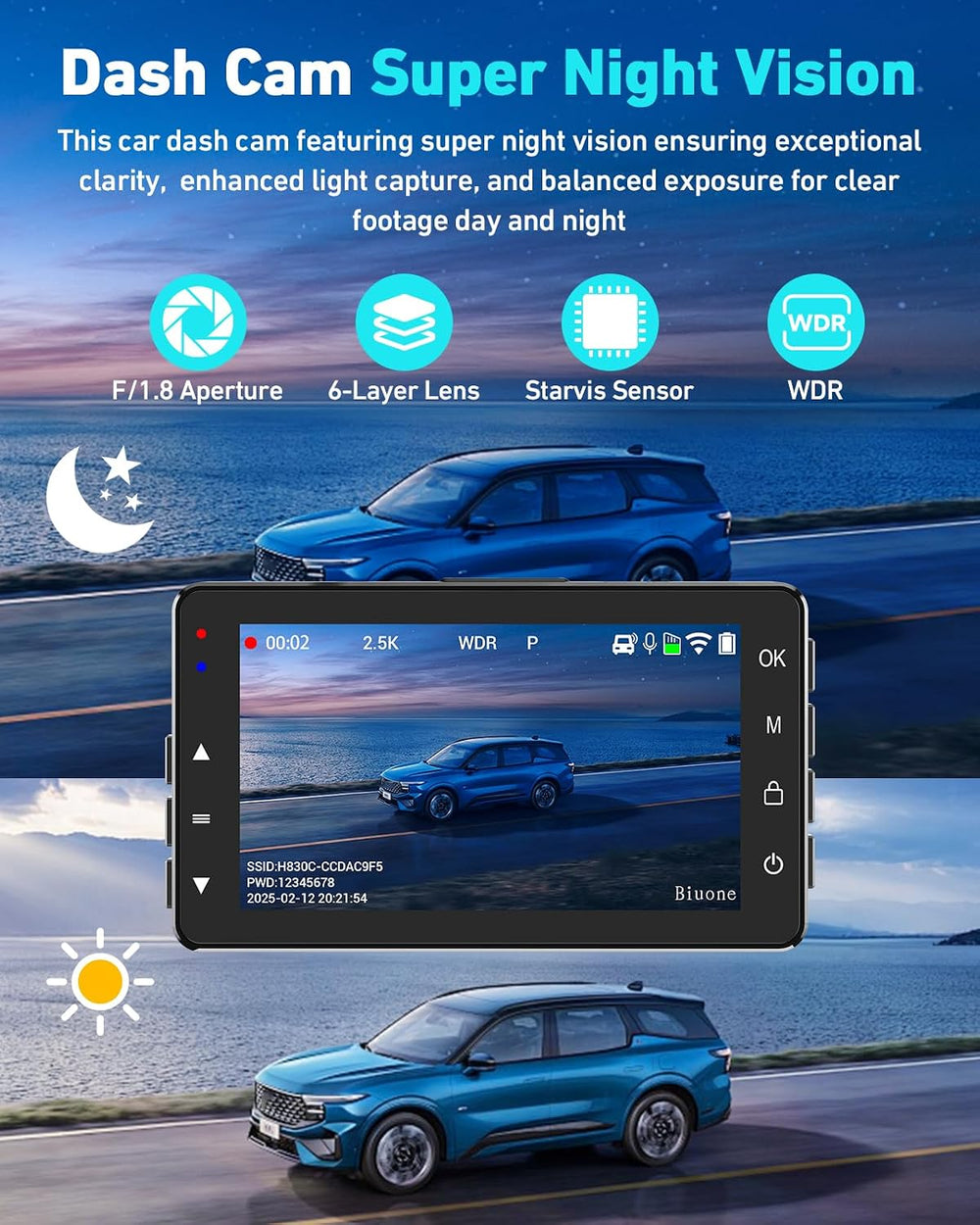 Dual Dash Cam, 2.5K Front, 1080P Rear, 5G WiFi, 64GB Card