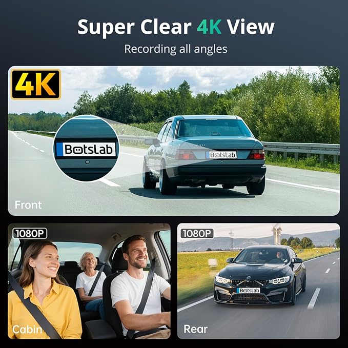 4K 3 Channel Dash Cam Front and Rear/Inside, 360°Dash Camera