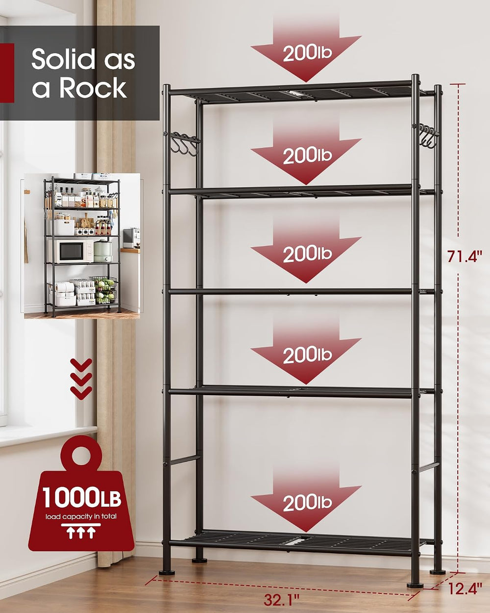 5-Tier Storage Shelves with Hooks, 32.1" x 12.7" x 71.4", Black