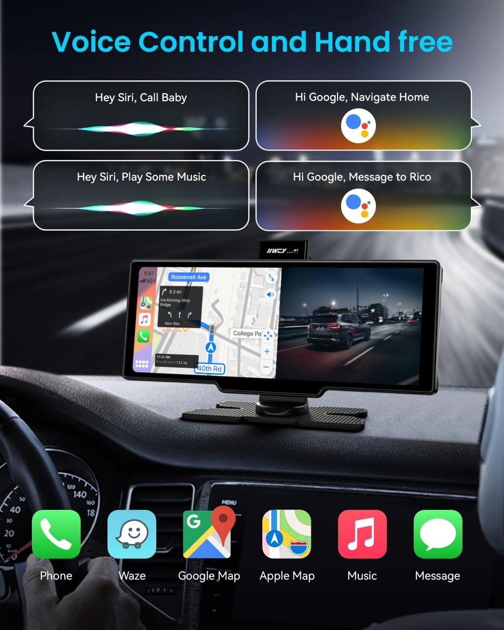IIWEY iK7 10-Inch Wireless Apple CarPlay Screen, Android Auto, 4K Dash Cam