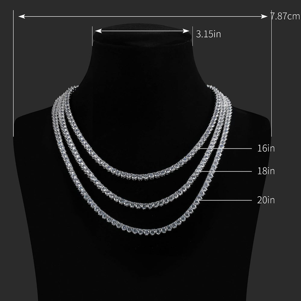 Graduated Tennis Necklace for Women Men 18K White Gold Plated 5A 4.0mm 3 Pron...