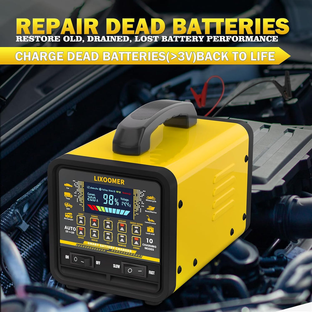 Upgraded 12V/24V 0-20A Car Battery Charger Heavy Duty, Smart Trickle Charger ...