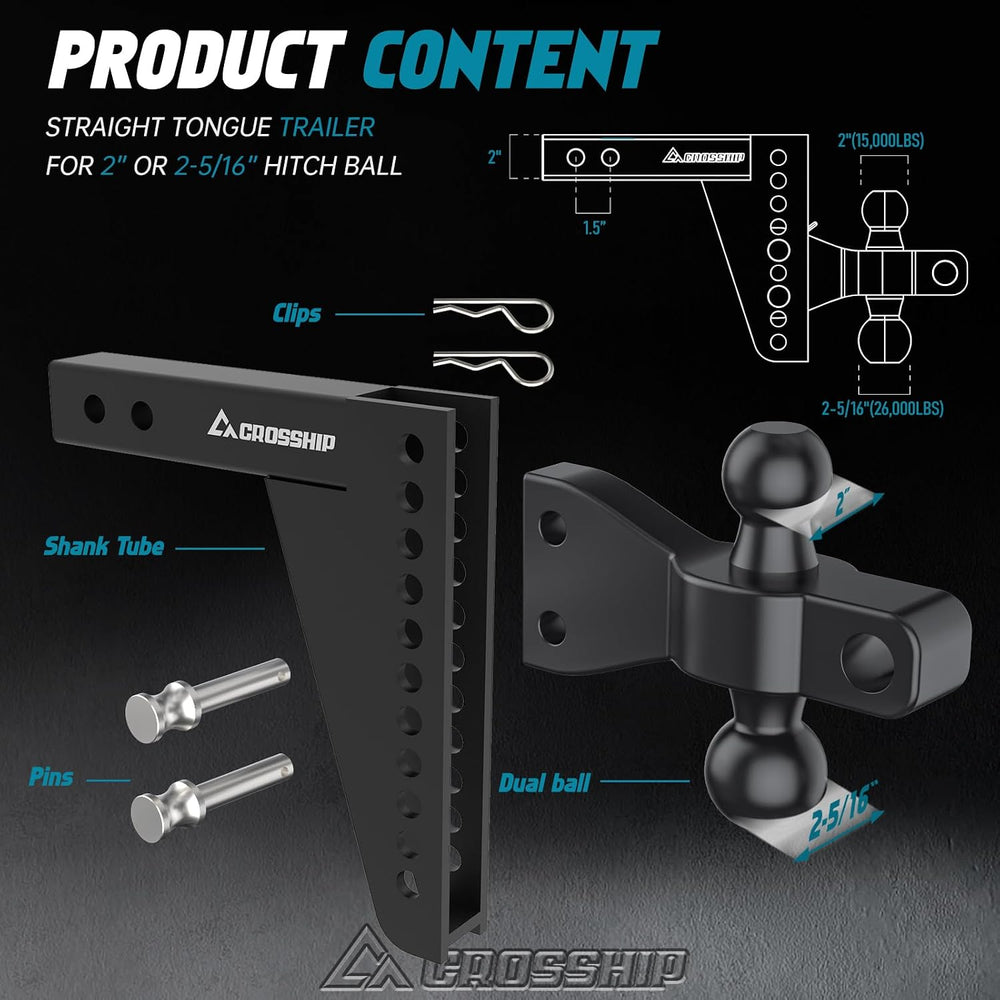 Adjustable Drawbar Trailer Hitch - Fits 2'' Receiver, 8'' Dro...