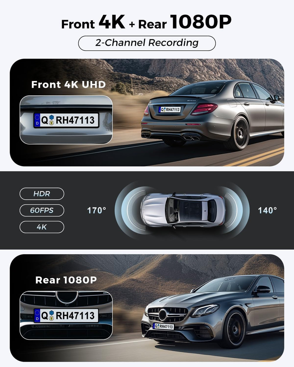 4K+1080P FHD Dash Cam Front and Rear, Dual Dash Camera for Cars with Night Vi...