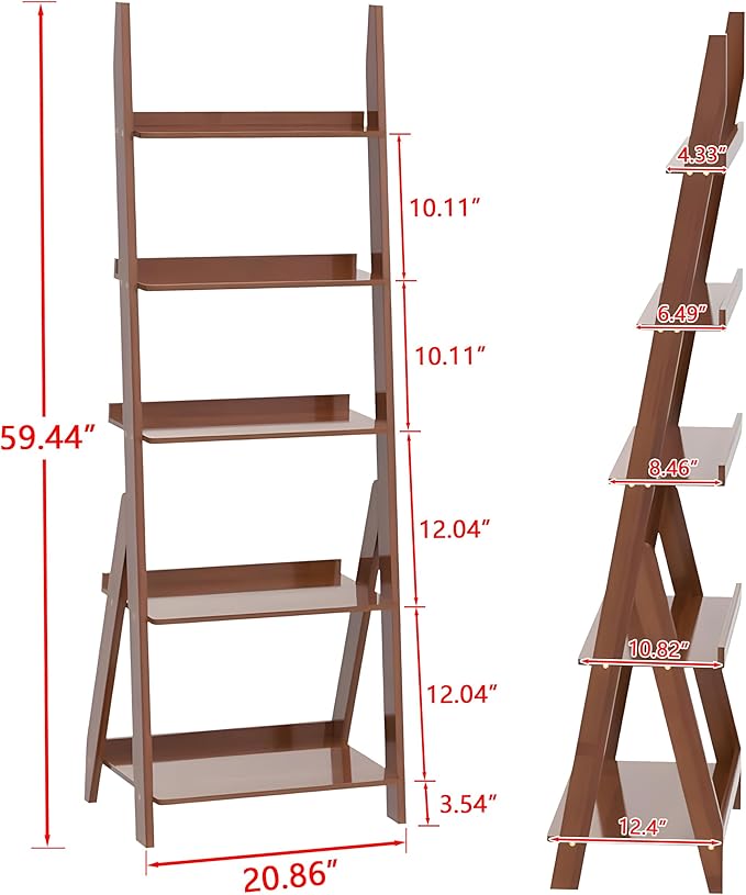 Maydear Bamboo Ladder Shelf Bookcase, 5-Tier Leaning Bookshelf Free Standing