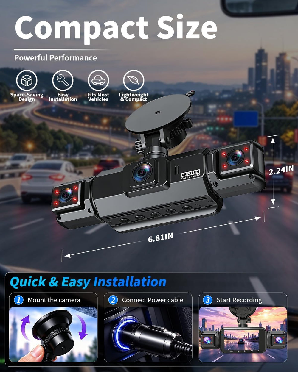 4 Channel Dash Cam Front and Rear, Pahaa 360° Dash Camera with WiFi