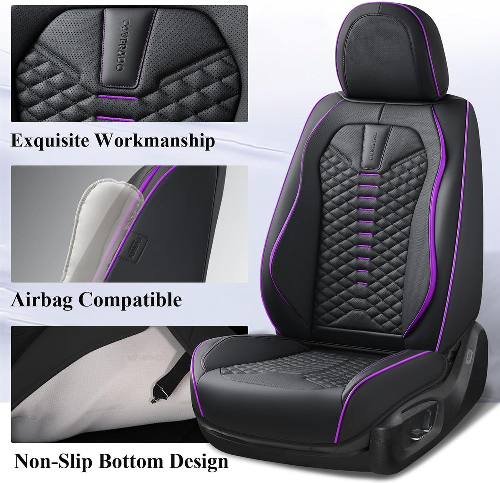 Coverado Car Seat Covers Front Seats, Nappa Leather Black&Purple Car Seat...