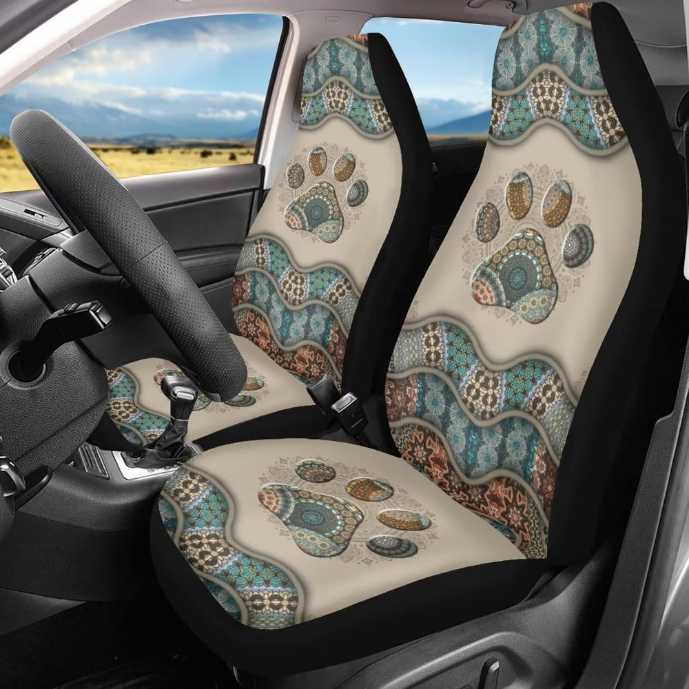 BIGCARJOB Boho Car Seat Covers Set for Front Only Boho Dog Paw Print Car Inte...