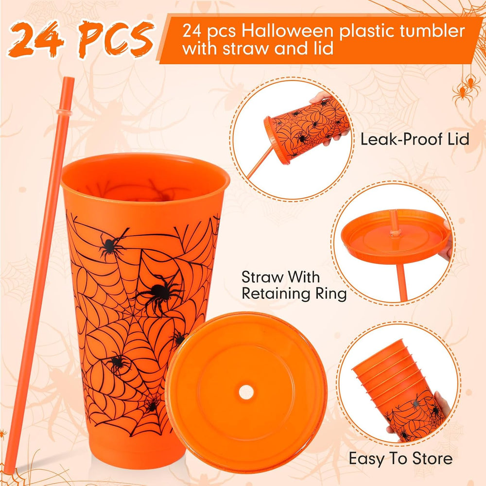 Funnymoom 24 Pcs Orange Halloween Spiderweb Plastic Cups Bulk, 24 oz