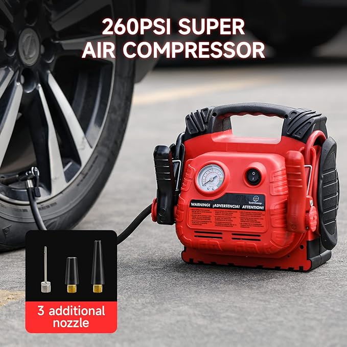 Car Battery Jump Starter with Air Compressor Portable Tire Inflator, 260PSI