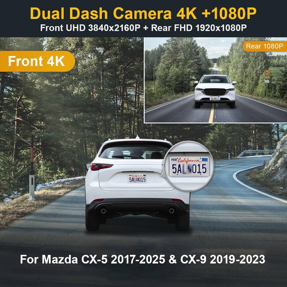 Fitcamx Front 4K+Rear 1080P Dash Cam for 2017-2025 Mazda CX-5 & CX-9 2017...