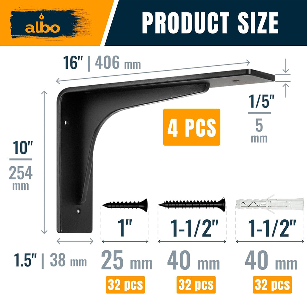 ALBO 16x10 Inch Shelf Brackets, 4 Pack Heavy Duty Steel L Brackets in Black