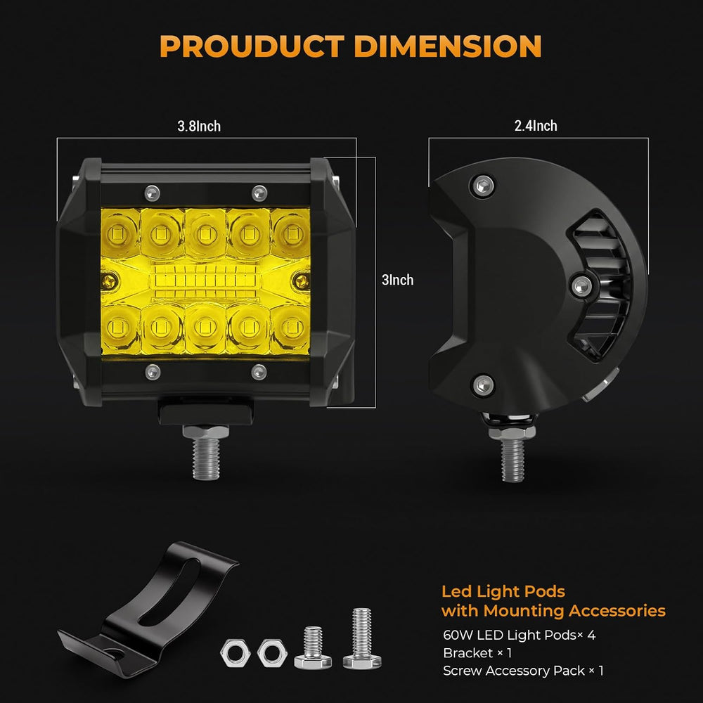 Turboo 4 Inch LED Light Pods 4PCS 60W Led Light Bars, 12000LM Spot Flood Beam...