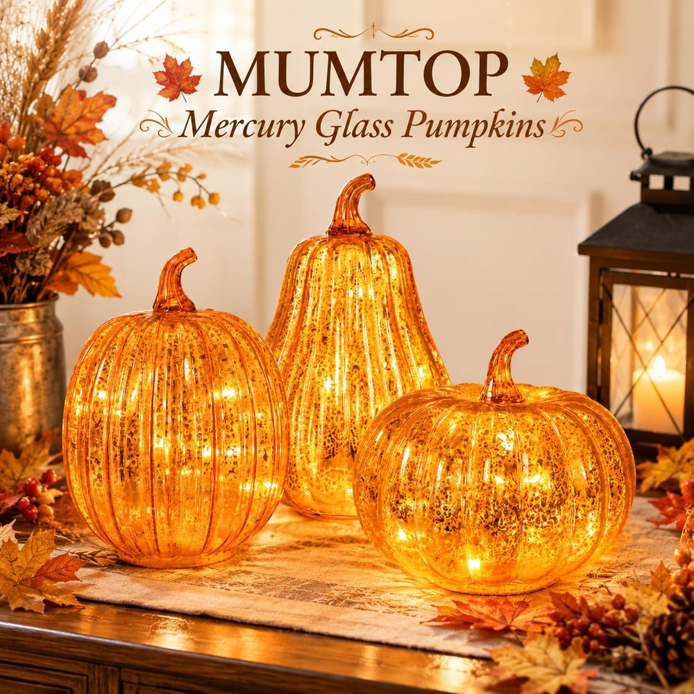 MUMTOP Mercury Glass Pumpkins Light 3PCS Halloween Fall Pumpkin Decor