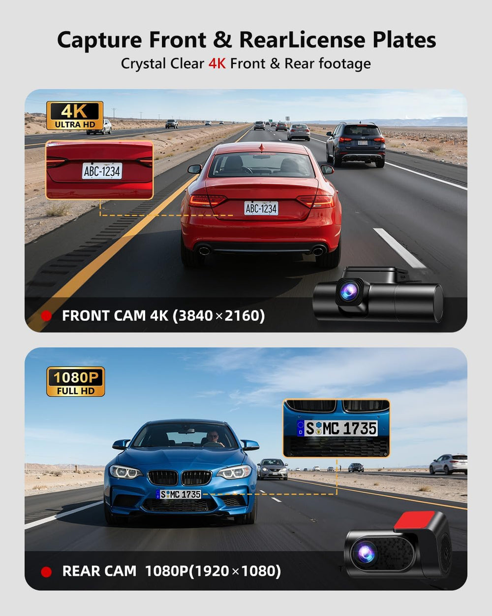 3 Channel Dash Cam Front and Rear, 4K Dash Camera for Cars STARVIS 2 HDR Nigh...