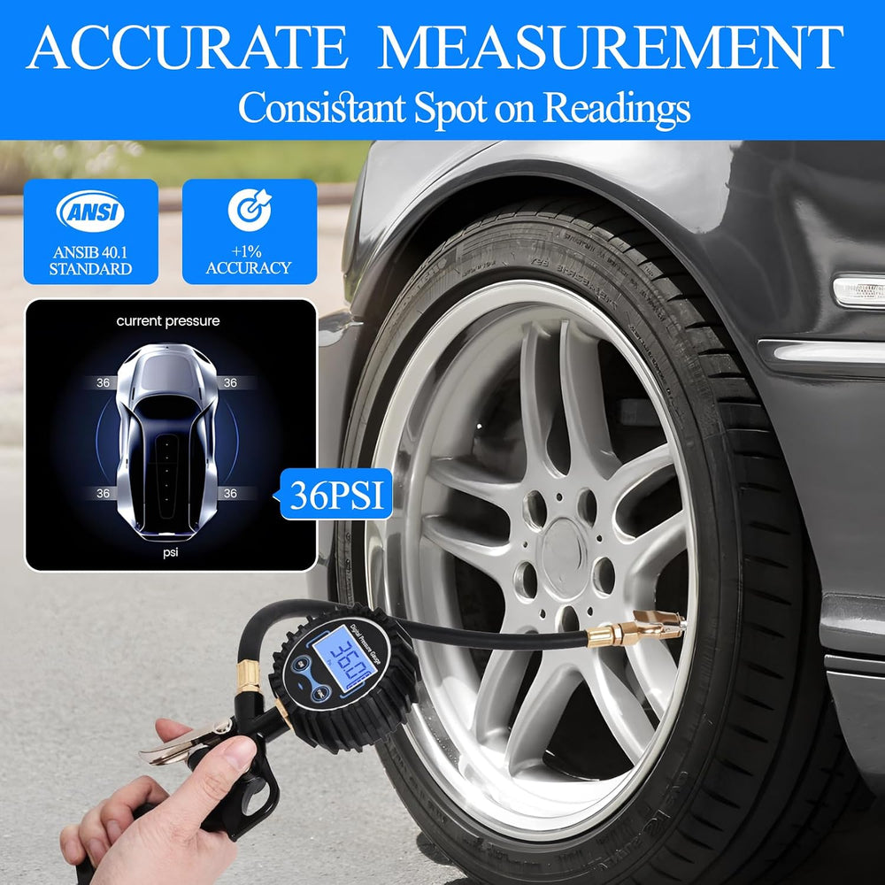 Digital Tire Pressure Gauge with Inflator 250 PSI, Heavy Duty 360° Air Chuck ...
