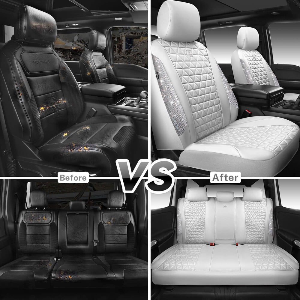 CAR PASS All White Bling Diamond Leather Car Seat Covers Full Sets,Waterproof...