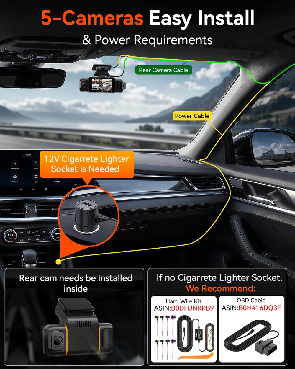 IIWEY N9 360° 5 Channel Dash Cam, Free 128GB Card, 12 IR LEDs Night Vision