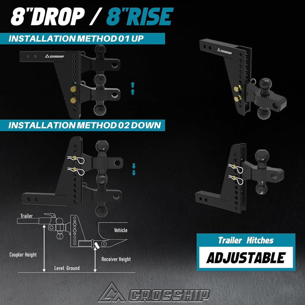 Adjustable Drawbar Trailer Hitch - Fits 2'' Receiver, 8'' Dro...