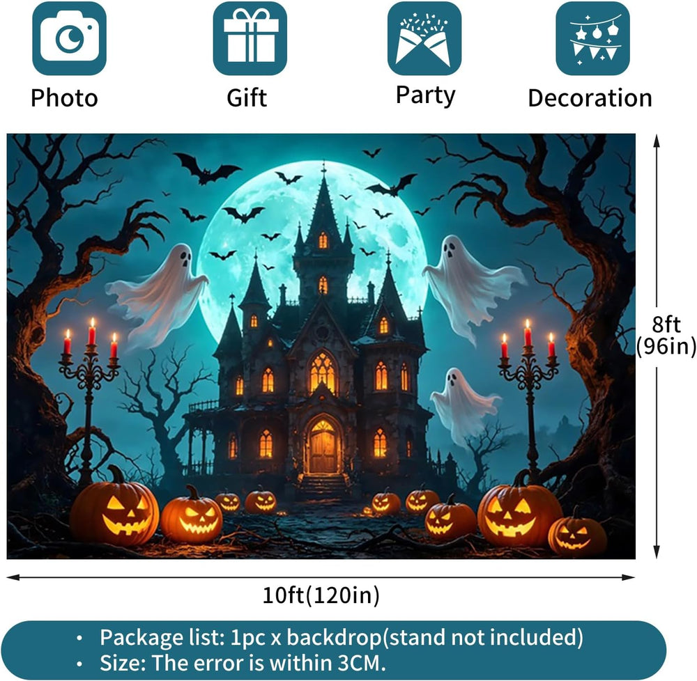 Halloween Backdrop, Spooky Ghost Pumpkin Full Moon Bat Castle Photography Bac...