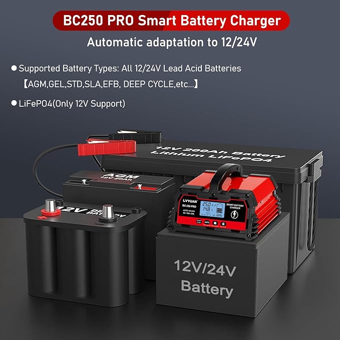 LVYUAN 25Amp Smart Car Battery Charger, 12V/24V Automotive Charger, Lead-Acid