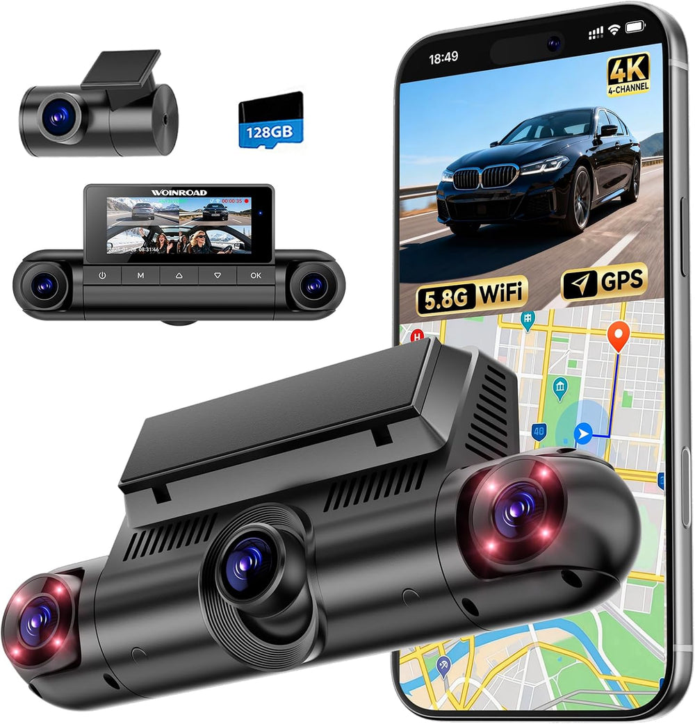 4K 360° Dash Cam, 4-Channel Front Rear Left Right, WiFi GPS 128GB
