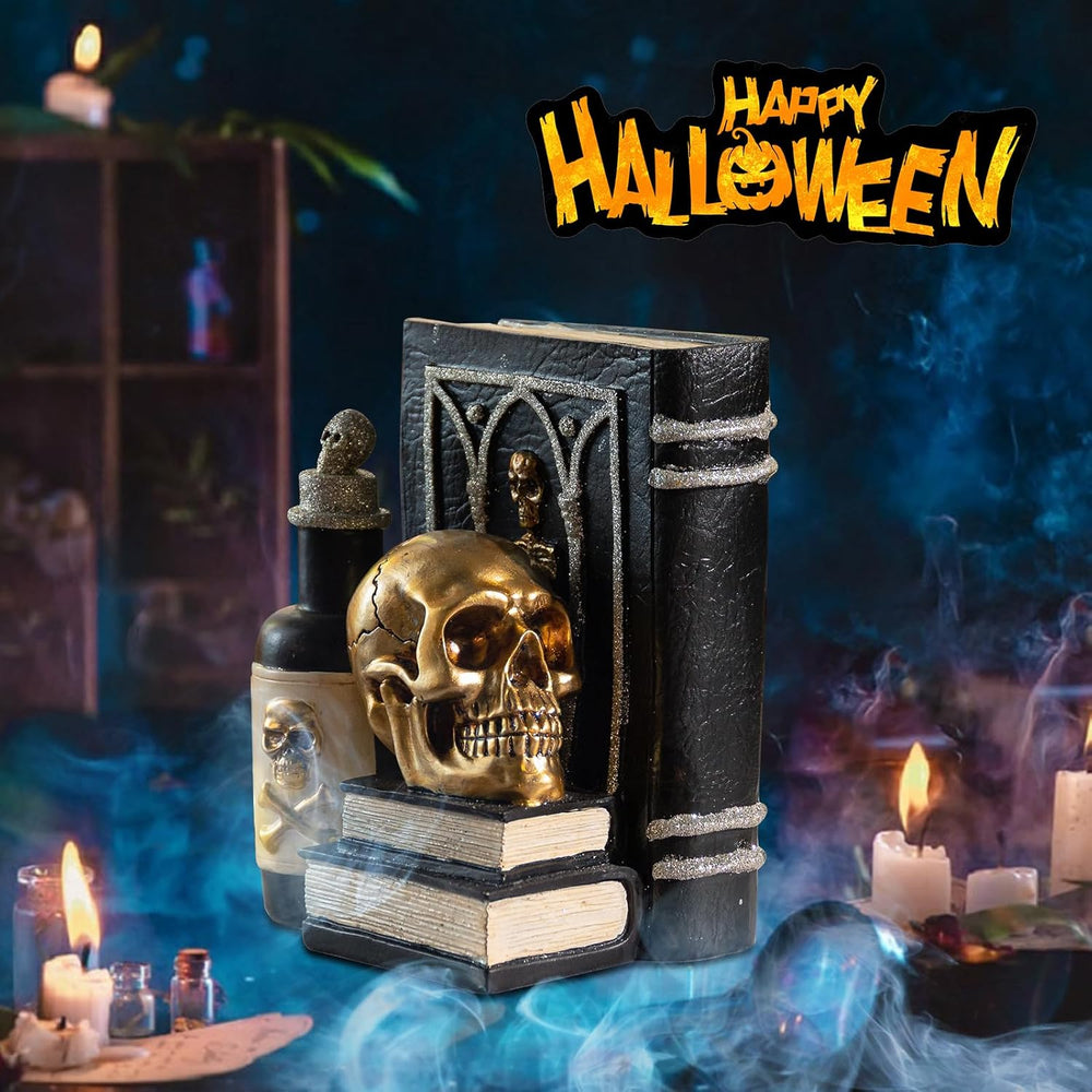 Halloween Skull Figurine, Gothic Book & Potion Bottle Indoor Tabletop Decor