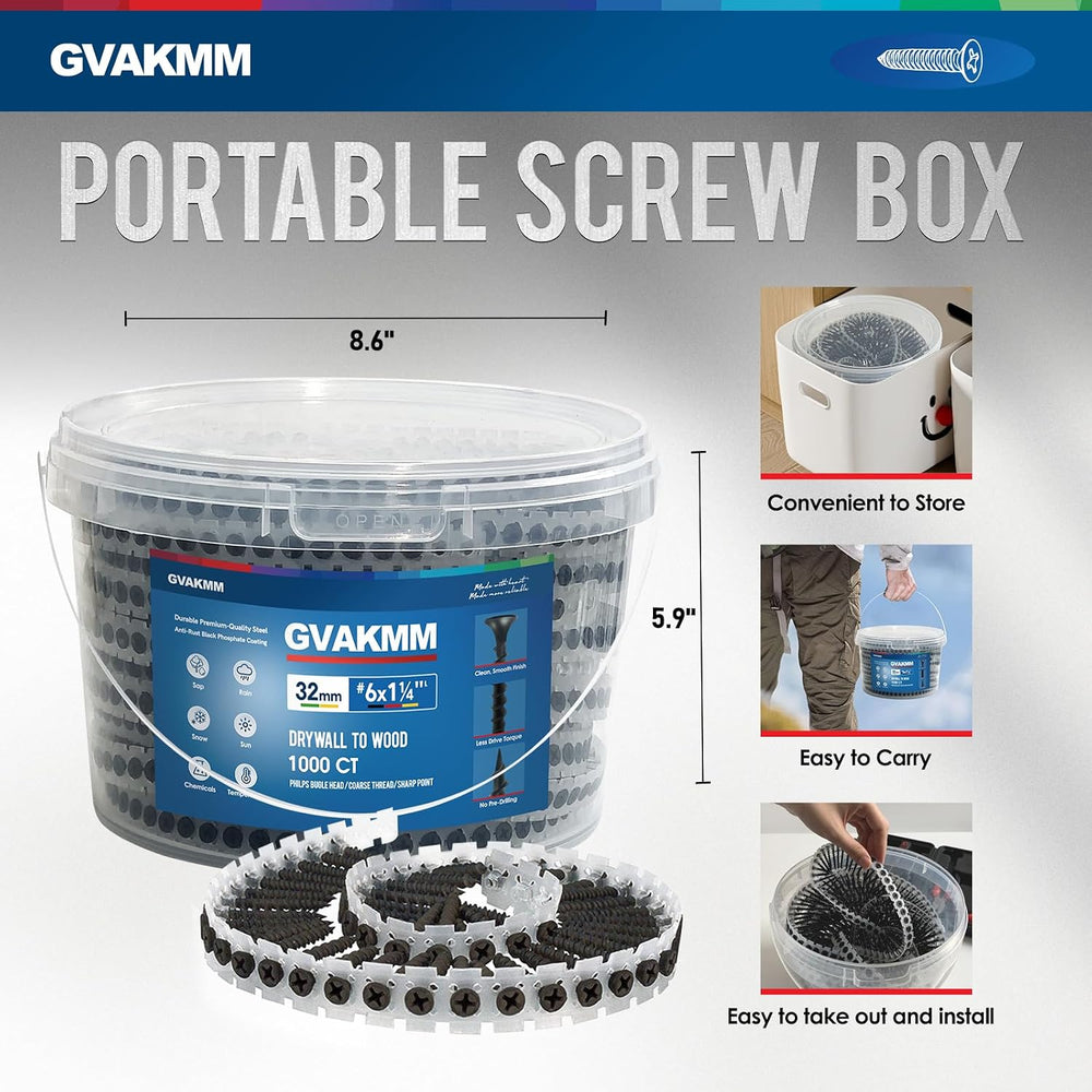 #6 ×1-1/4 inch Drywall to Wood Collated Screws – 6000 Count (6 Pack of 1000-C...