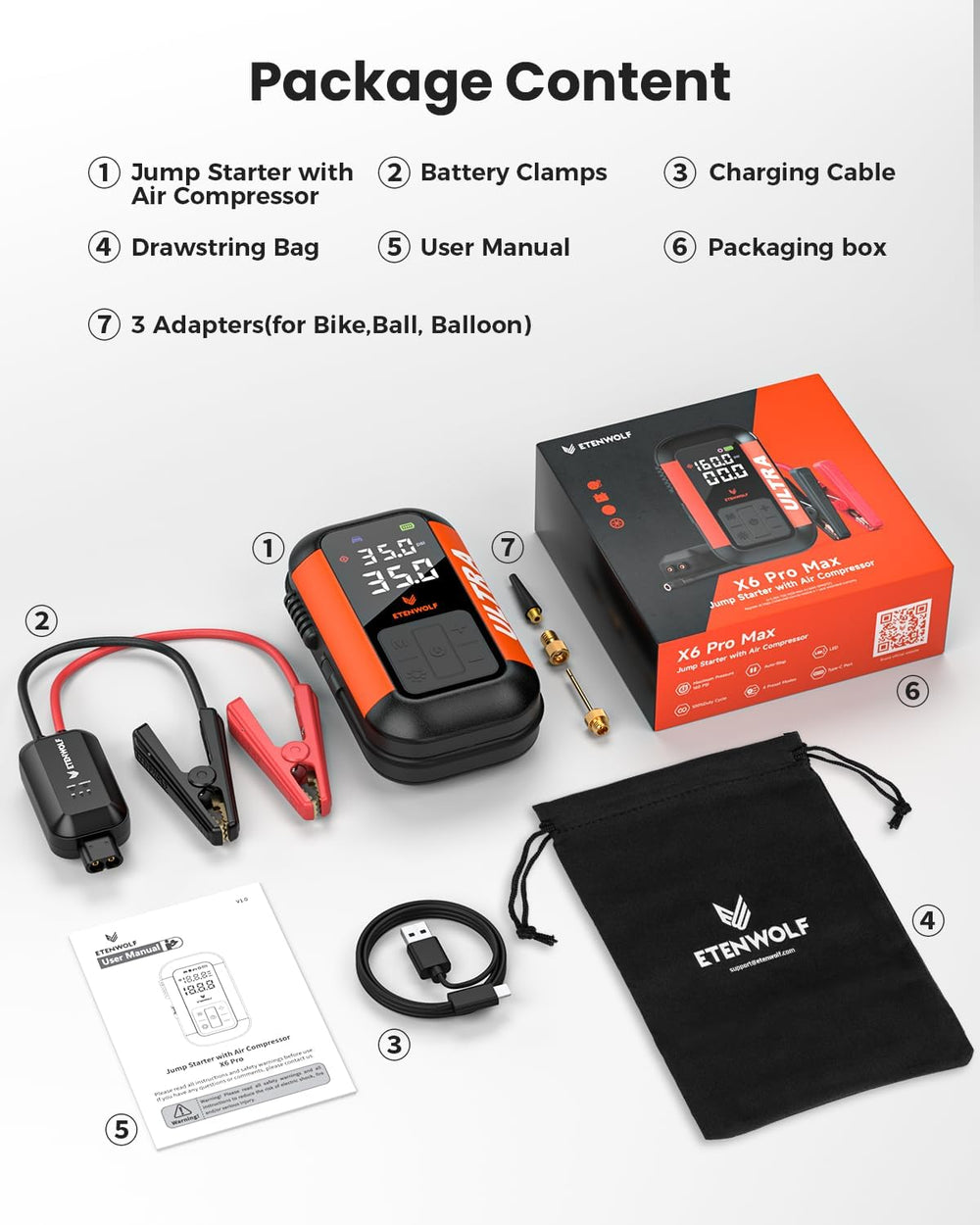 ETENWOLF Jump Starter with Air Compressor 3000A Car Battery Booster