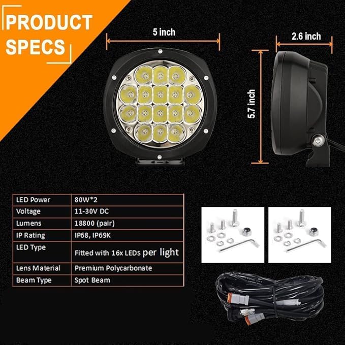 BIGLION.X 5Inch 160W Round Led Driving Lights Off Road Spot Lights Offroad