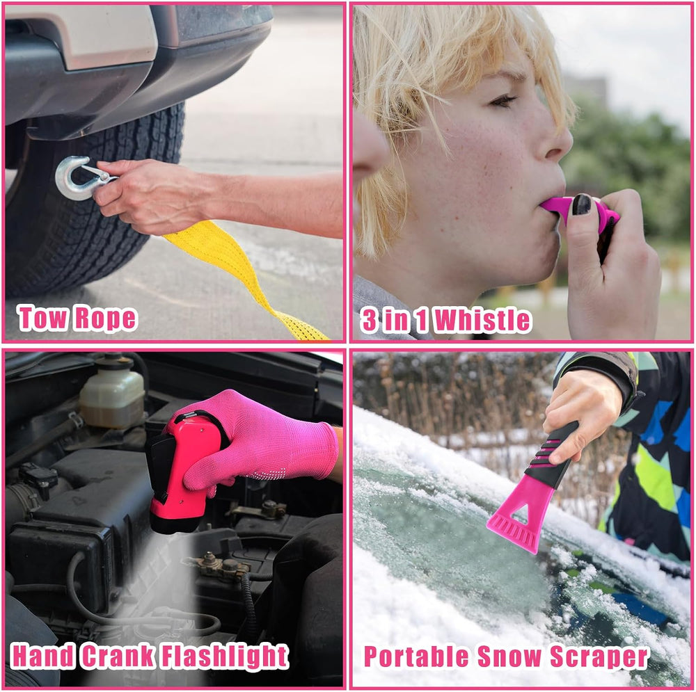 Car Emergency Kit, Pink Roadside Emergency Car Kit with Jumper Cables, Tow Ro...