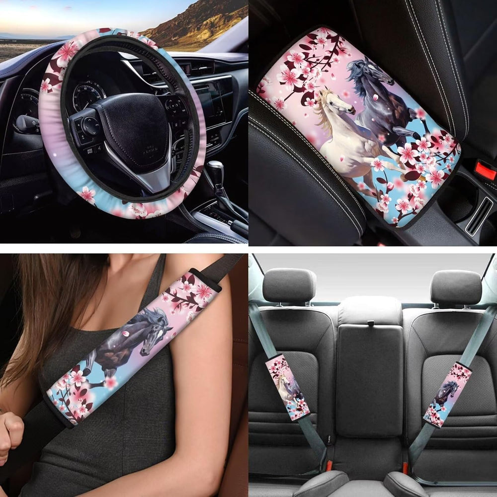 12 Pcs Pink Cherry Blossom Horse Car Seat Covers Full Set,Car Protectors,Univ...