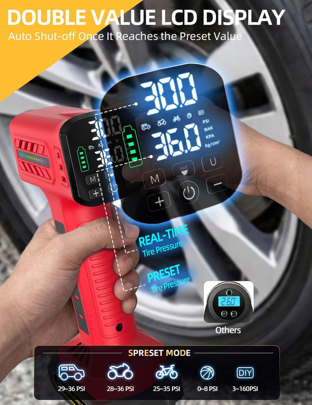 Cordless Tire Inflator Portable Air Compressor 160PSI 12VDC Battery