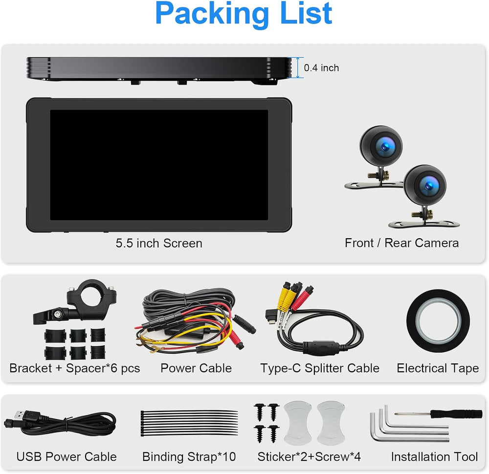 5.5-Inch Motorcycle CarPlay with 128G SD Card, 2K Dual Dash Cam