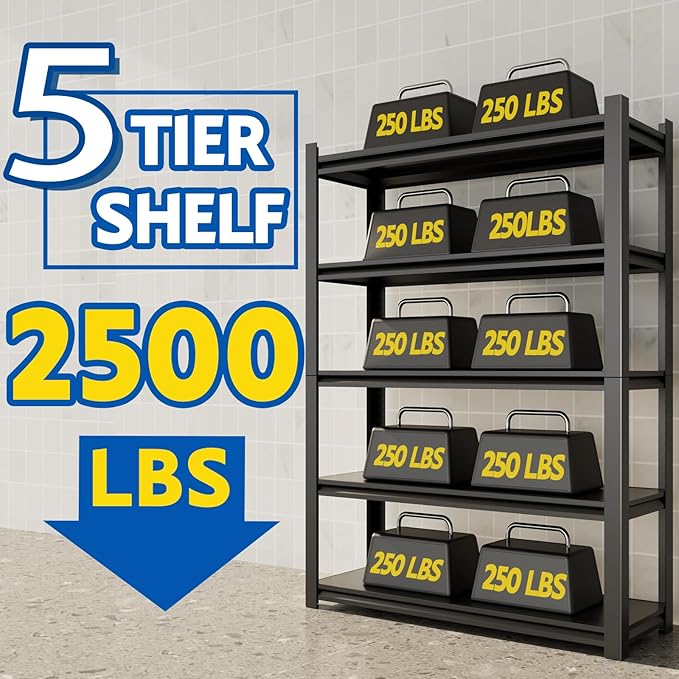 72''H Garage Shelving Heavy Duty, 2500LBS Storage Shelves, 5-Tier Adj...