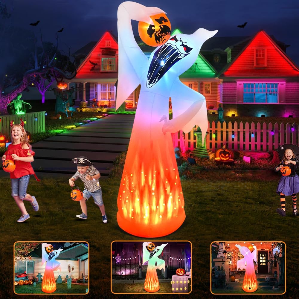 10 FT Halloween Inflatables Ghost with Pumpkin Decoration, Built in Flame Rot...